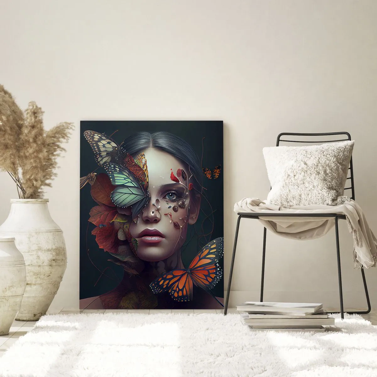Obraz na szkle - Portret kobiety z motylami i elementami roślinnymi - 80x120cm - Cudowna metamorfoza - Nowoczesna dekoracja ścienna do salonu i sypialni ARTTOR