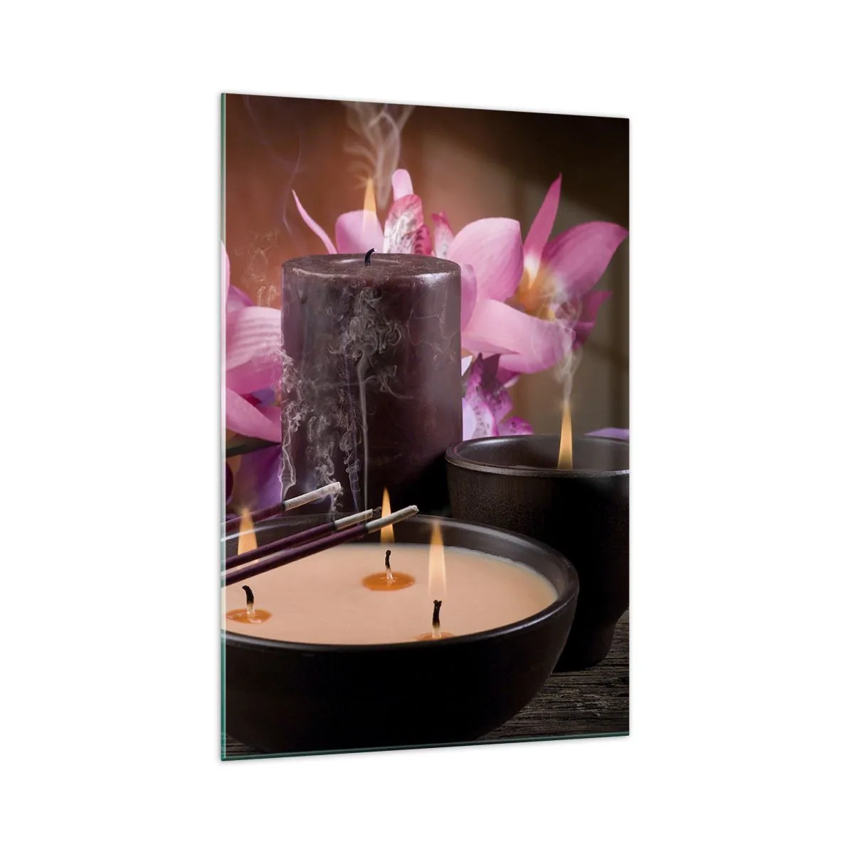 Obraz na szkle - Figurka Buddy z zapalonymi świecami i kadzidełkami - 70x100cm - Oczyścić umysł, uspokoić ciało - Nowoczesna dekoracja ścienna do salonu i sypialni ARTTOR