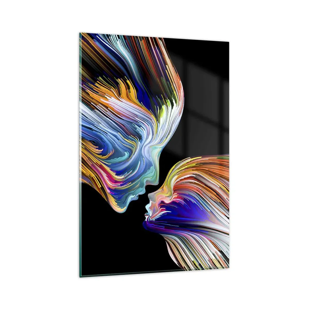 Obraz na szkle - Kolorowe sylwetki twarzy w dynamicznych strugach na czarnym tle - 80x120cm - Fuzja energii i światła - Nowoczesna dekoracja ścienna do salonu i sypialni ARTTOR