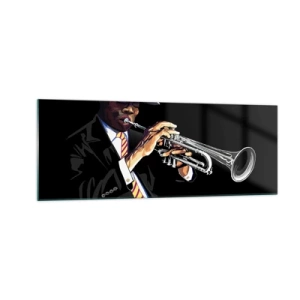 Obraz na szkle - Muzyk grający na trąbce na czarnym tle - 140x50cm - Czar starej szkoły - Nowoczesna dekoracja ścienna do salonu i sypialni ARTTOR