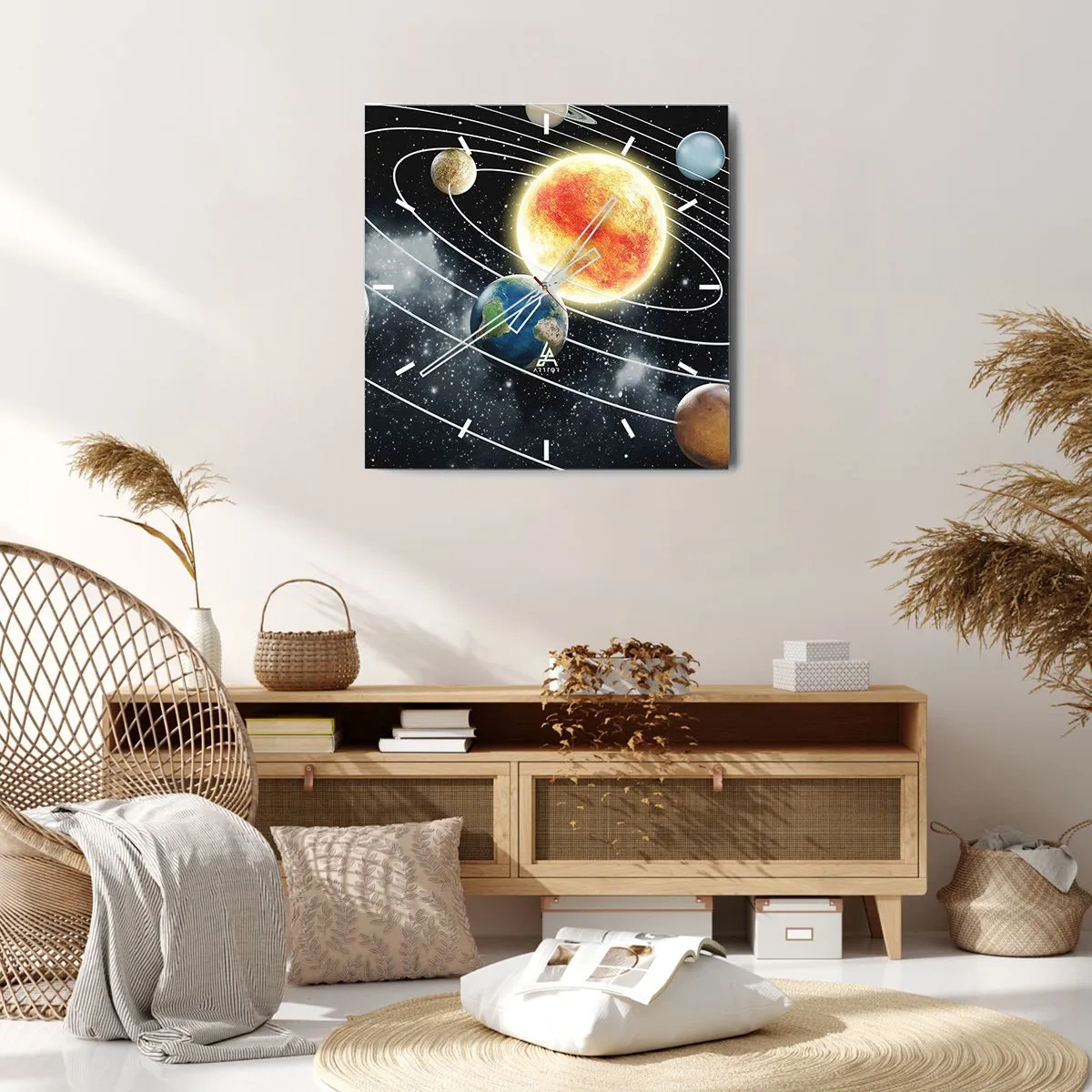 Zegar ścienny - Układ słoneczny z planetami i słońcem w przestrzeni kosmicznej - 30x30cm - Kosmiczny taniec - Nowoczesna dekoracja ścienna do salonu i sypialni ARTTOR