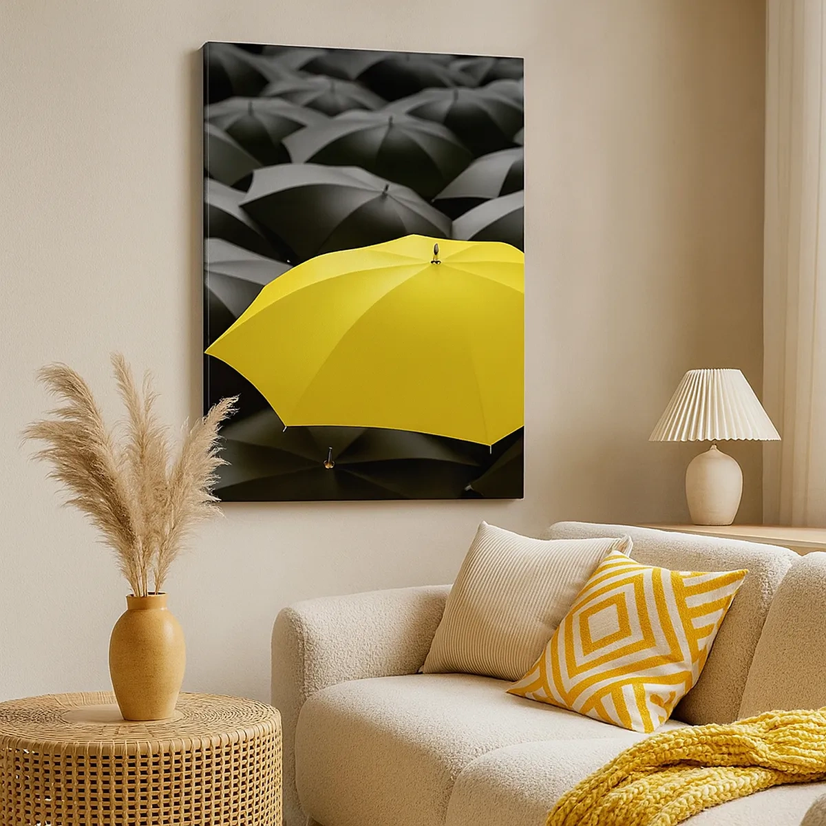 Obraz na płótnie - Żółty parasol wyróżniający się wśród czarnych - 50x70cm - Żegnaj smutku - Nowoczesna dekoracja ścienna do salonu, kuchni i sypialni ARTTOR