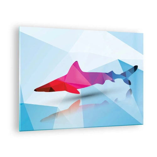Obraz na szkle - Geometryczny rekin w odcieniach czerwieni i błękitu - 70x50cm - Rekin w krystalicznej przestrzeni - Nowoczesna dekoracja ścienna do salonu i sypialni ARTTOR