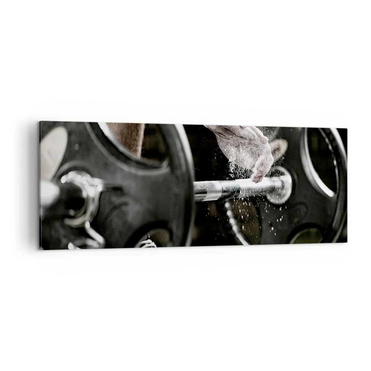 Obraz na płótnie - Hantle i ręce sportowca przygotowujące się do treningu - 140x50cm - Wyzwanie podjęte! - Nowoczesna dekoracja ścienna do salonu i sypialni ARTTOR