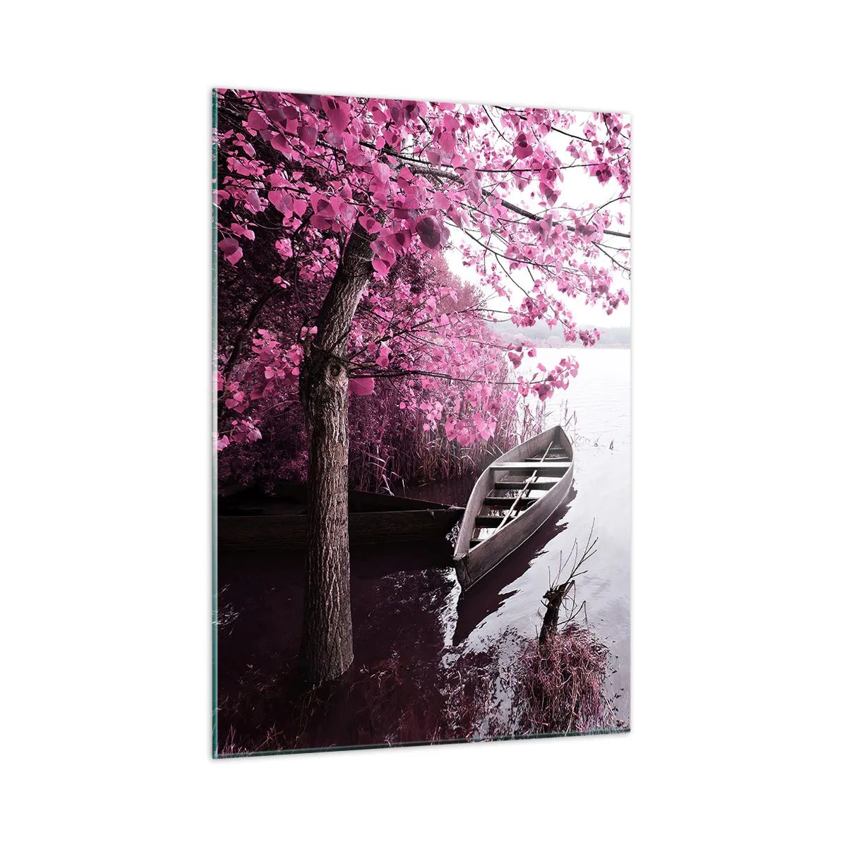 Obraz na szkle - Łódka przy brzegu z różowym drzewem nad wodą - 50x70cm - W różowej ciszy - Nowoczesna dekoracja ścienna do salonu, kuchni i sypialni ARTTOR
