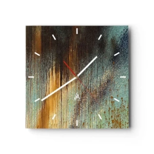 Zegar ścienny - Abstrakcyjna kompozycja barw w odcieniach złota, brązu i błękitu - 30x30cm - Nieprzypadkowa barwna kompozycja - Nowoczesna dekoracja ścienna do salonu i sypialni ARTTOR