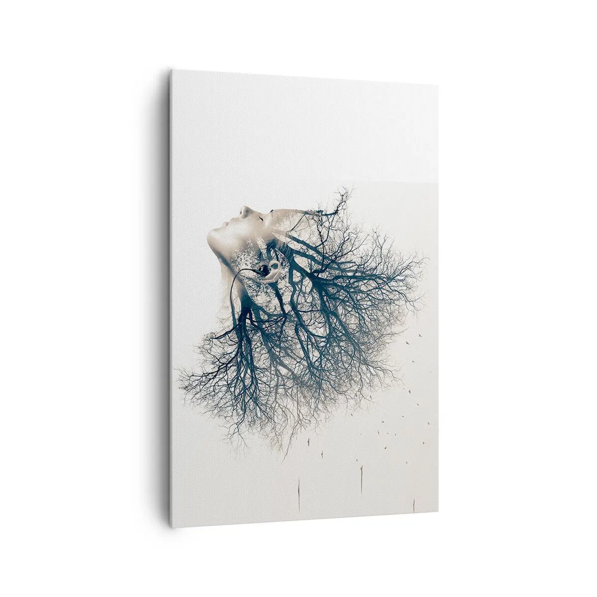 Obraz na płótnie - Twórcza sylwetka kobiety i drzew - 80x120cm - Zasłuchana w szept drzewa - Nowoczesna dekoracja ścienna do salonu i sypialni ARTTOR