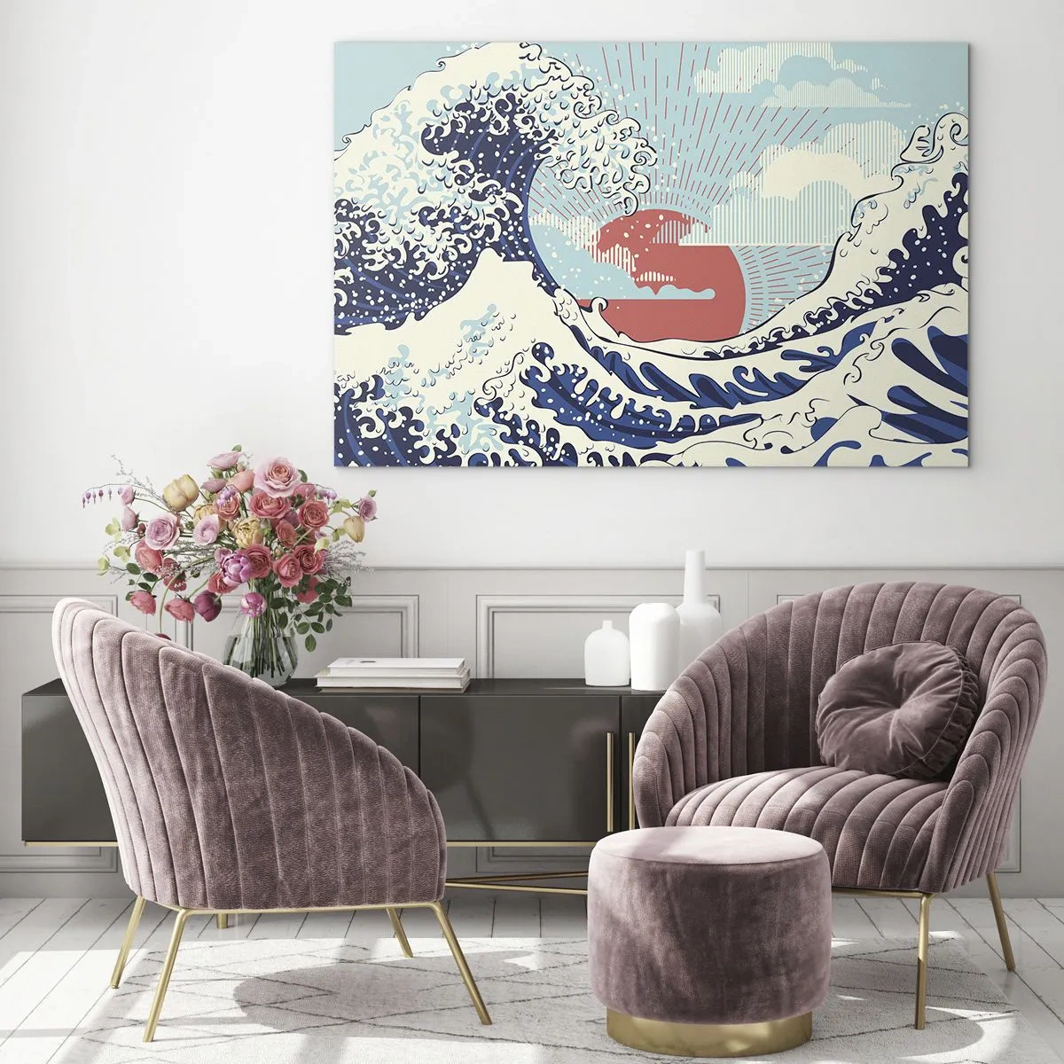 Obraz na szkle - Stylizowana fala inspirowana sztuką japońską - 70x50cm - Z japońskich inspiracji - Nowoczesna dekoracja ścienna do salonu i sypialni ARTTOR