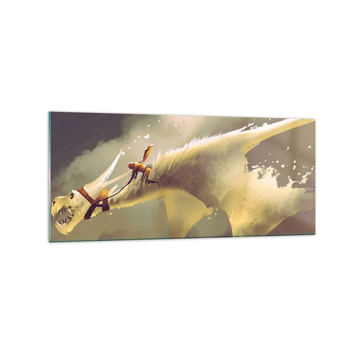 Obraz na szkle - Ilustracja jeźdźca na smoku w fantastycznej scenerii chmur - 120x50cm - Światu na ratunek - Nowoczesna dekoracja ścienna do salonu i sypialni ARTTOR