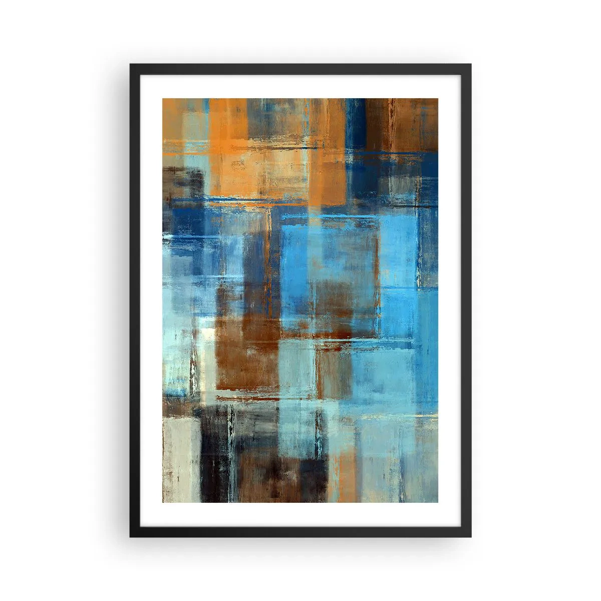 Plakat w czarnej ramie - Abstrakcyjne geometryczne wzory w odcieniach niebieskiego - 50x70cm - Przez błękitną zasłonę - Nowoczesna dekoracja ścienna do salonu i sypialni ARTTOR