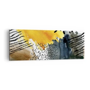 Obraz na płótnie - Abstrakcyjna kompozycja z żółtymi akcentami i graficznymi wzorami - 140x50cm - Spotkanie żywiołów - Nowoczesna dekoracja ścienna do salonu i sypialni ARTTOR