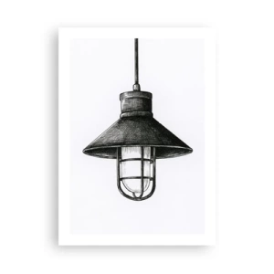 Plakat - Szkic industrialnej lampy wiszącej - 50x70cm - Jak przed laty… - Nowoczesna dekoracja ścienna do salonu, kuchni i sypialni ARTTOR