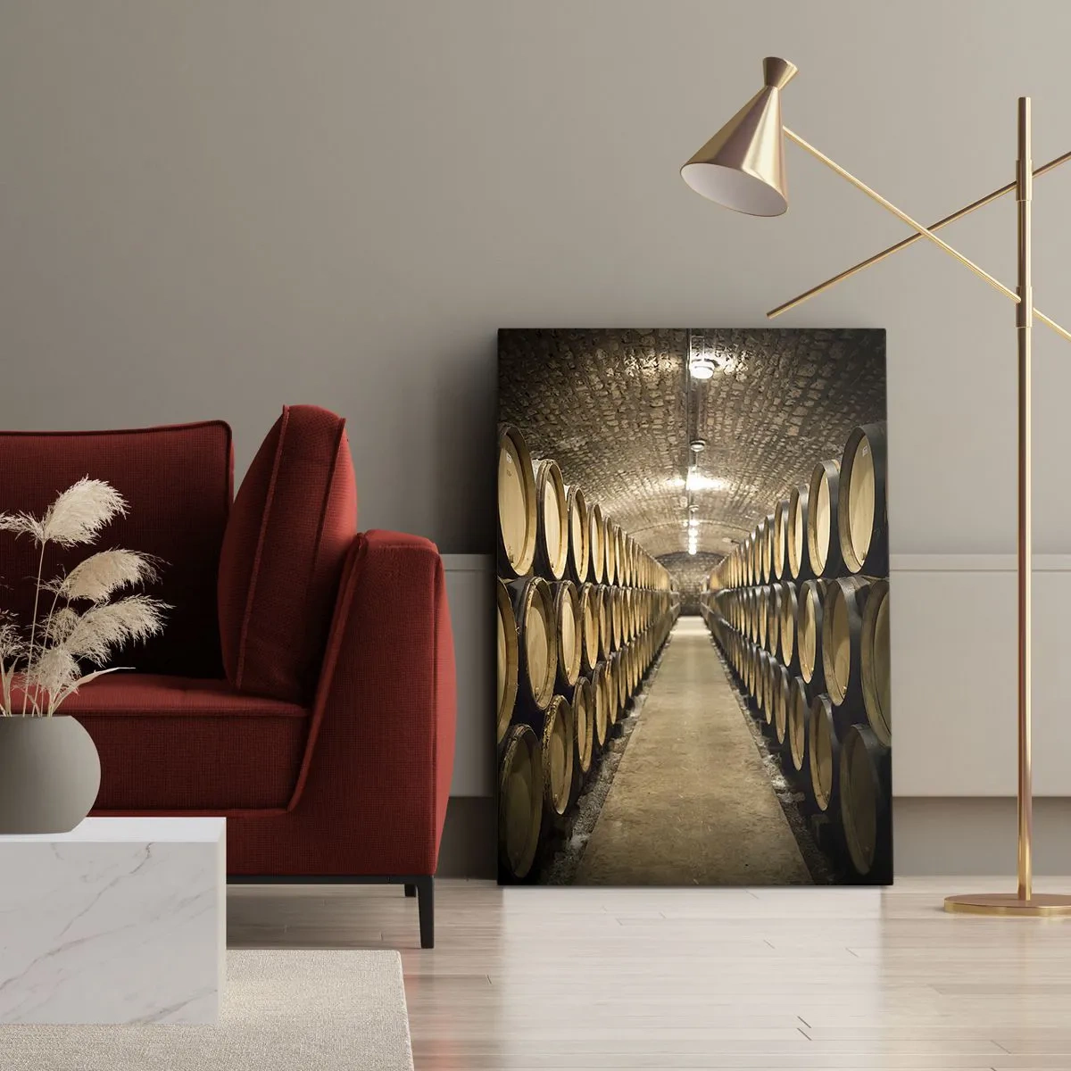 Obraz na płótnie - Piwnica z beczkami wina ustawionymi w rzędach pod ceglanym sklepieniem - 80x120cm - W murowanej piwnicy - Nowoczesna dekoracja ścienna do salonu i sypialni ARTTOR