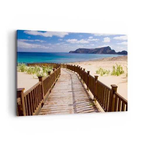 Obraz na płótnie - Drewniana ścieżka prowadząca na plażę z widokiem na ocean - 100x70cm - Zabierz mnie na wyspy szczęśliwe - Nowoczesna dekoracja ścienna do salonu, kuchni i sypialni ARTTOR