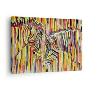 Obraz na płótnie - Kolorowe zebry na tle abstrakcyjnych pasów - 70x50cm - A więc ty też… - Nowoczesna dekoracja ścienna do salonu i sypialni ARTTOR