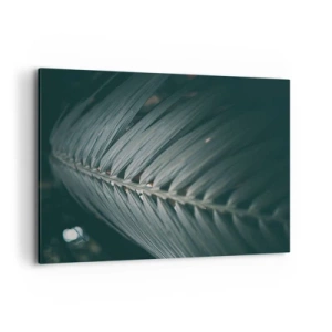 Obraz na płótnie - Zbliżenie na detal liścia palmowego w ciemnej tonacji - 120x80cm - Precyzja natury - Nowoczesna dekoracja ścienna do salonu, kuchni i sypialni ARTTOR