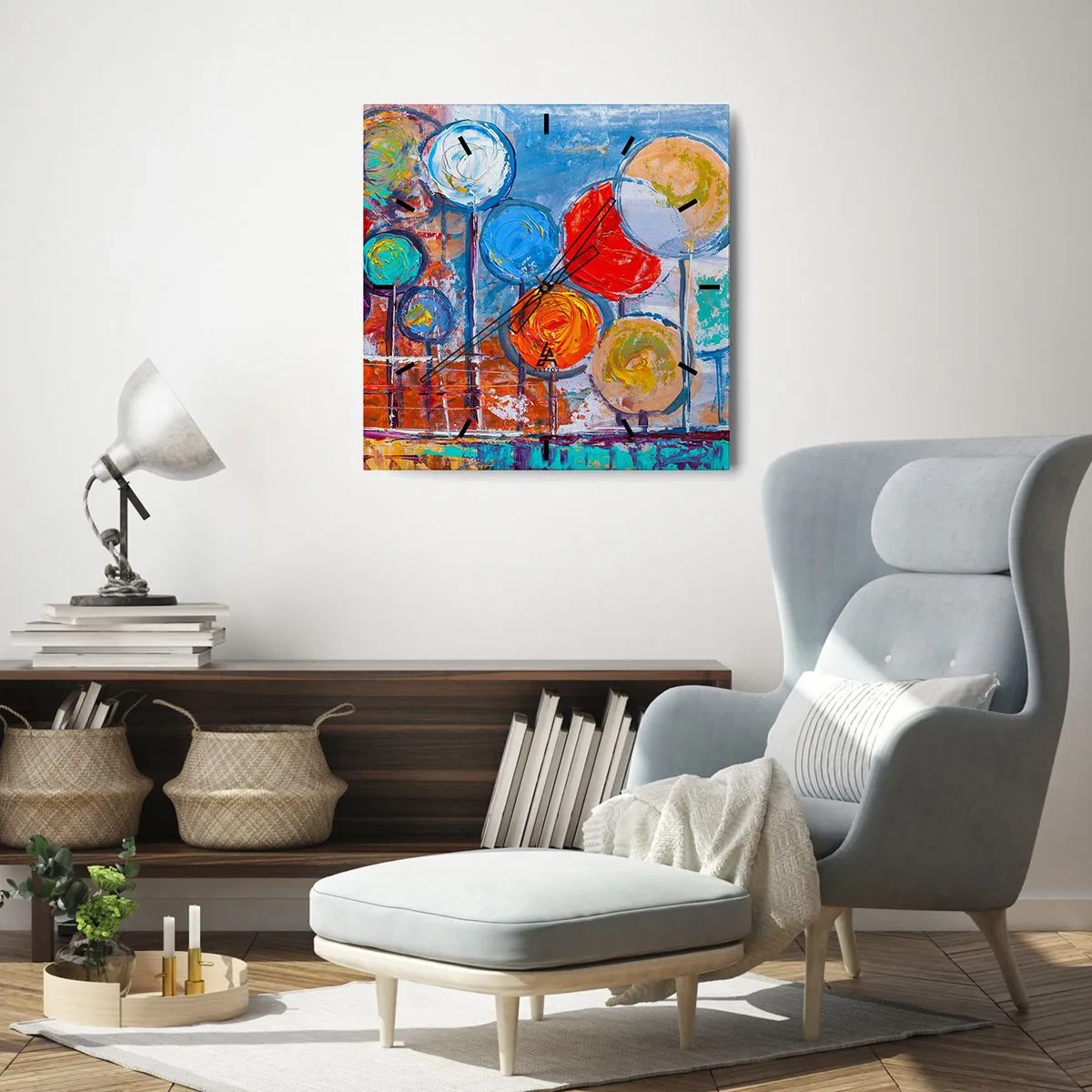 Zegar ścienny - Kolorowe abstrakcyjne drzewa na niebieskim tle - 30x30cm - Cuda na kiju - Nowoczesna dekoracja ścienna do salonu i sypialni ARTTOR