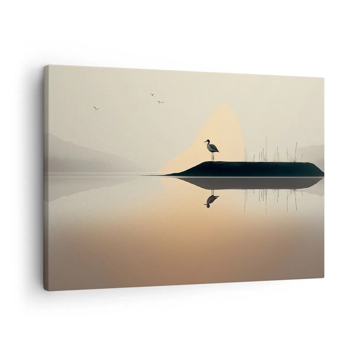 Obraz na płótnie - Ptak na wyspie w spokojnym jeziorze o ciepłych odcieniach - 70x50cm - Pan na jeziorze - Nowoczesna dekoracja ścienna do salonu i sypialni ARTTOR