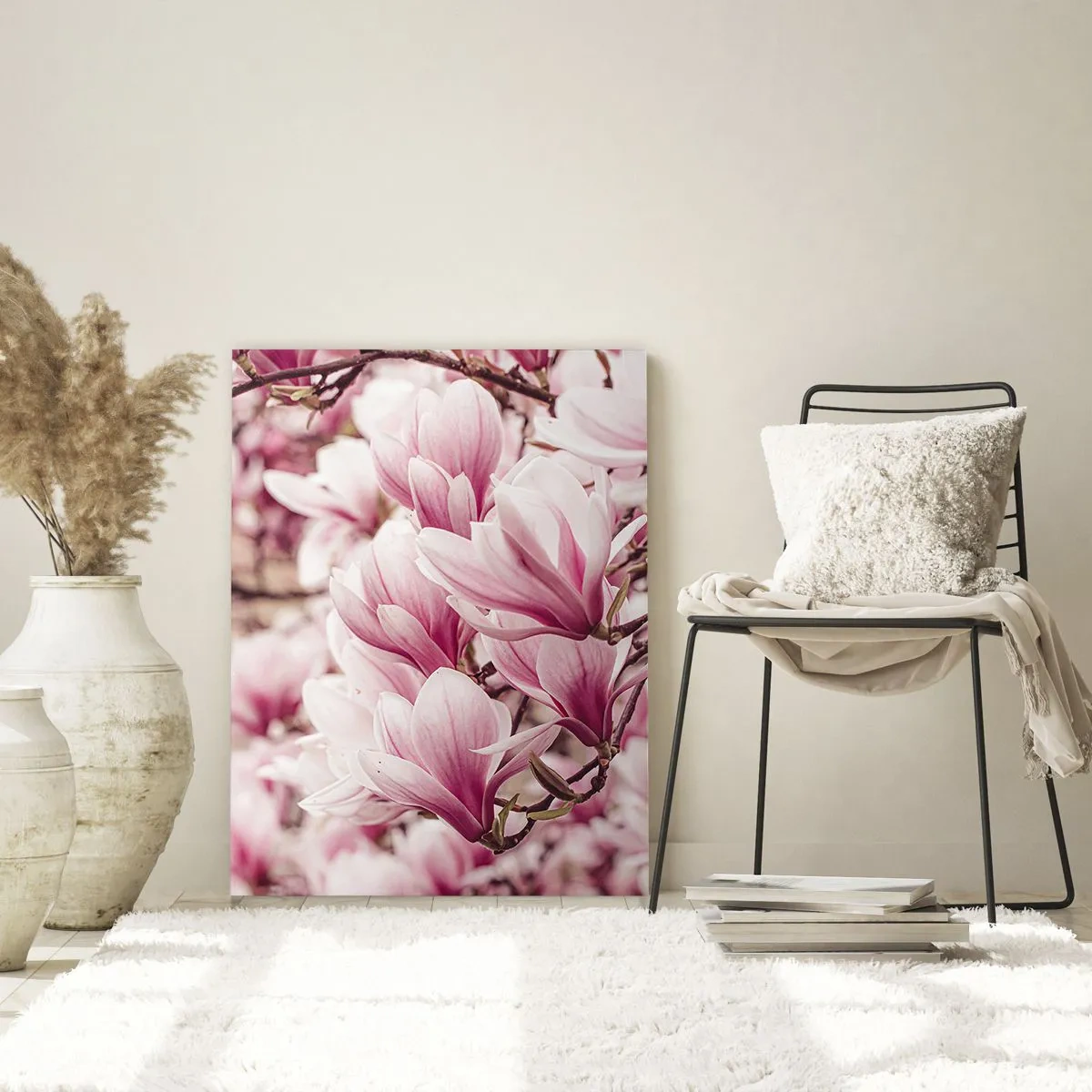 Obraz na szkle - Zbliżenie na kwitnące różowe magnolie na tle rozmytej natury - 80x120cm - Wiosna jest różowa - Nowoczesna dekoracja ścienna do salonu i sypialni ARTTOR