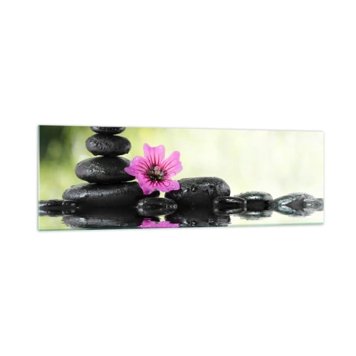 Obraz na szkle - Kamienie Zen i różowy kwiat odbijające się w wodzie - 160x50cm - Czas dla duszy - Nowoczesna dekoracja ścienna do salonu i sypialni ARTTOR