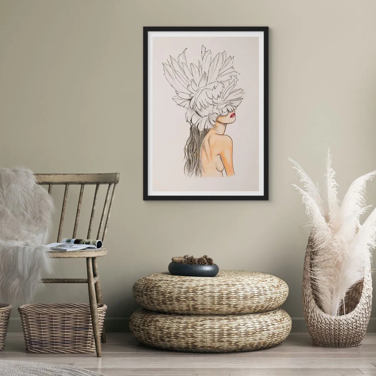Plakat w czarnej ramie - Portret kobiety z kapeluszem z piór w artystycznym stylu - 50x70cm - Piękność ukoronowana - Nowoczesna dekoracja ścienna do salonu i sypialni ARTTOR