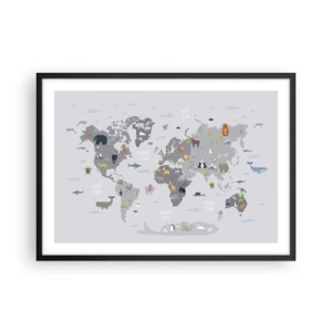 Plakat w czarnej ramie - Mapa świata z ilustracjami zwierząt na szarym tle - 70x50cm - Powiedz mi, skąd jesteś… - Nowoczesna dekoracja ścienna do salonu i sypialni ARTTOR