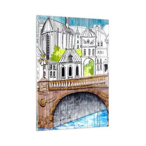 Obraz na szkle - Most i architektura miejskiej zabudowy w formie szkicu akwarelowego - 50x70cm - Miasto jak malowane - Nowoczesna dekoracja ścienna do salonu, kuchni i sypialni ARTTOR