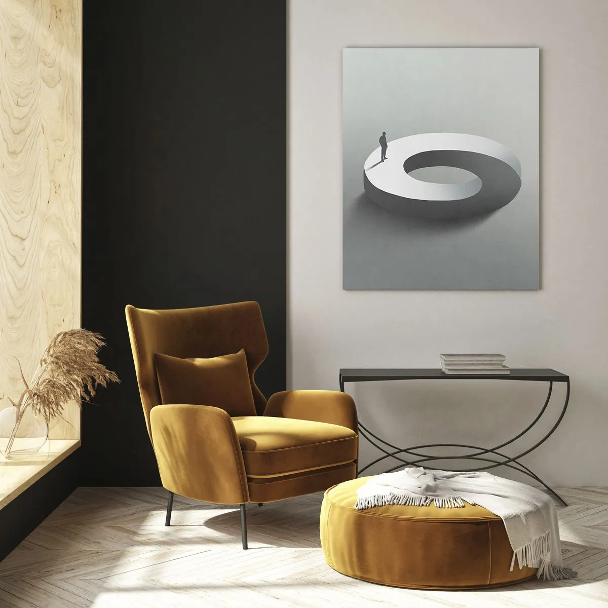 Obraz na szkle - Minimalistyczna sylwetka człowieka na białym pierścieniu - 50x70cm - I bądź tu mądry - Nowoczesna dekoracja ścienna do salonu, kuchni i sypialni ARTTOR