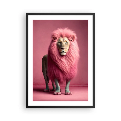 Plakat w czarnej ramie - Lew z różową grzywą na różowym tle - 50x70cm - I już się nie boisz - Nowoczesna dekoracja ścienna do salonu i sypialni ARTTOR