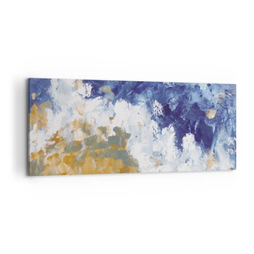 Obraz na płótnie - Abstrakcja w odcieniach błękitu, bieli i złota - 120x50cm - Taniec żywiołów - Nowoczesna dekoracja ścienna do salonu i sypialni ARTTOR