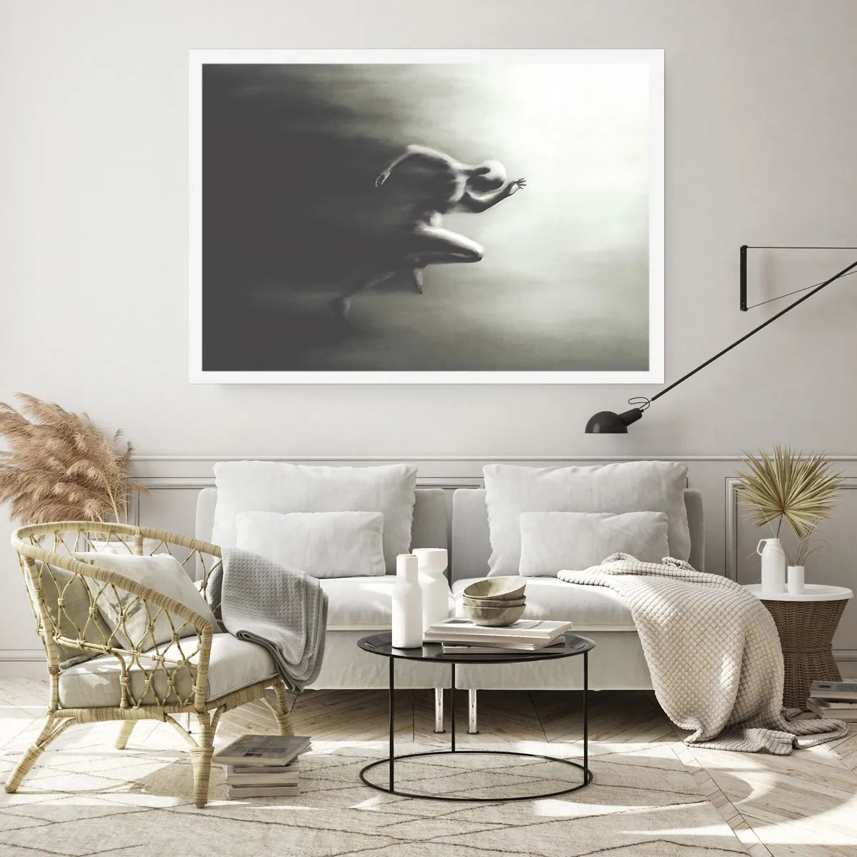Plakat - Czarno-biała sylwetka biegnącej postaci w dynamicznym i surrealistycznym stylu - 100x70cm - Niepowstrzymany - Nowoczesna dekoracja ścienna do salonu i sypialni ARTTOR