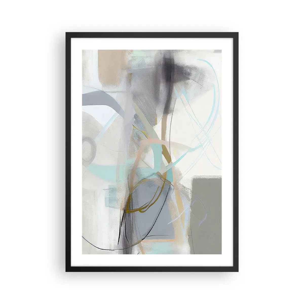 Plakat w czarnej ramie - Subtelna abstrakcja w odcieniach szarości i błękitu - 50x70cm - Abstrakcja zamglona - Nowoczesna dekoracja ścienna do salonu i sypialni ARTTOR