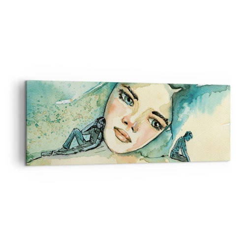 Obraz na płótnie - Akwarela twarzy kobiety z refleksyjnym motywem - 140x50cm - Am I blue? - Nowoczesna dekoracja ścienna do salonu i sypialni ARTTOR