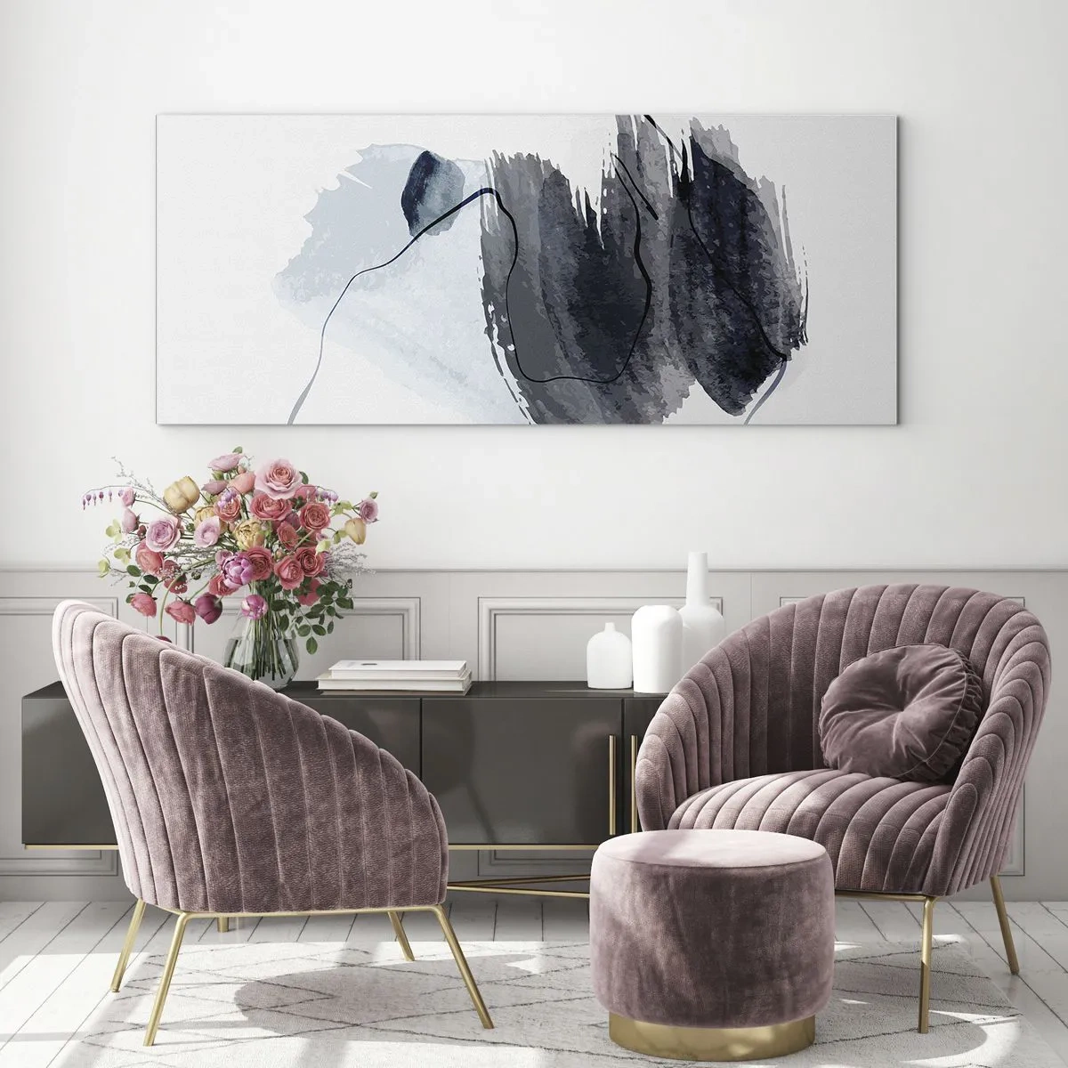 Obraz na szkle - Abstrakcyjna kompozycja w odcieniach szarości i błękitu - 120x50cm - Intensywność i ruch - Nowoczesna dekoracja ścienna do salonu i sypialni ARTTOR