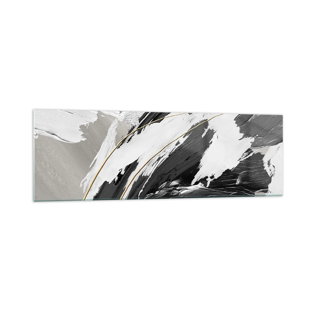 Obraz na szkle - Czarno-białe pociągnięcia farby z delikatnym złotym akcentem - 160x50cm - Abstrakcja z rozmachem - Nowoczesna dekoracja ścienna do salonu i sypialni ARTTOR