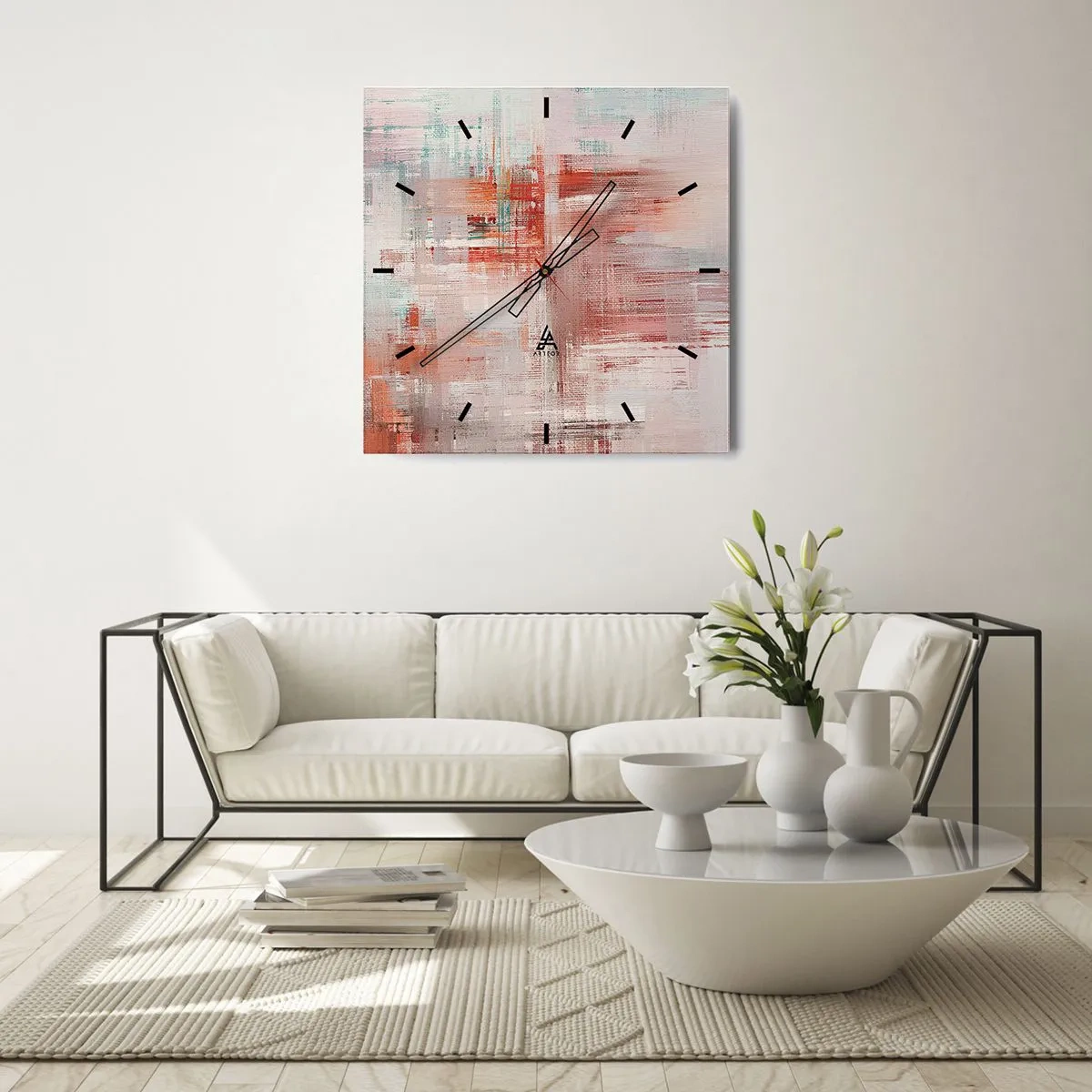 Zegar ścienny - Abstrakcyjna kompozycja z odcieniami czerwieni i pastelowych barw - 30x30cm - Zamglone. Ale różowe - Nowoczesna dekoracja ścienna do salonu i sypialni ARTTOR