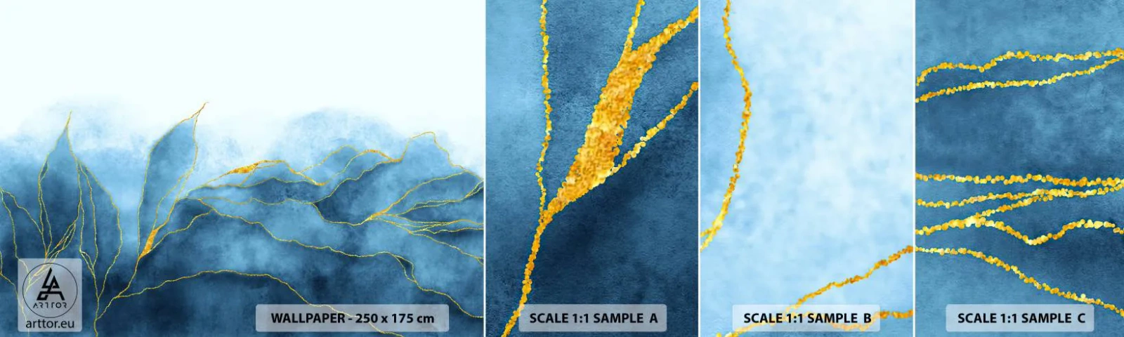 Fototapeta Próbka Samoprzylepna Deluxe Sticker - Błękit w złocie - Luksus, Glamour, Abstrakcja - 100x30 cm