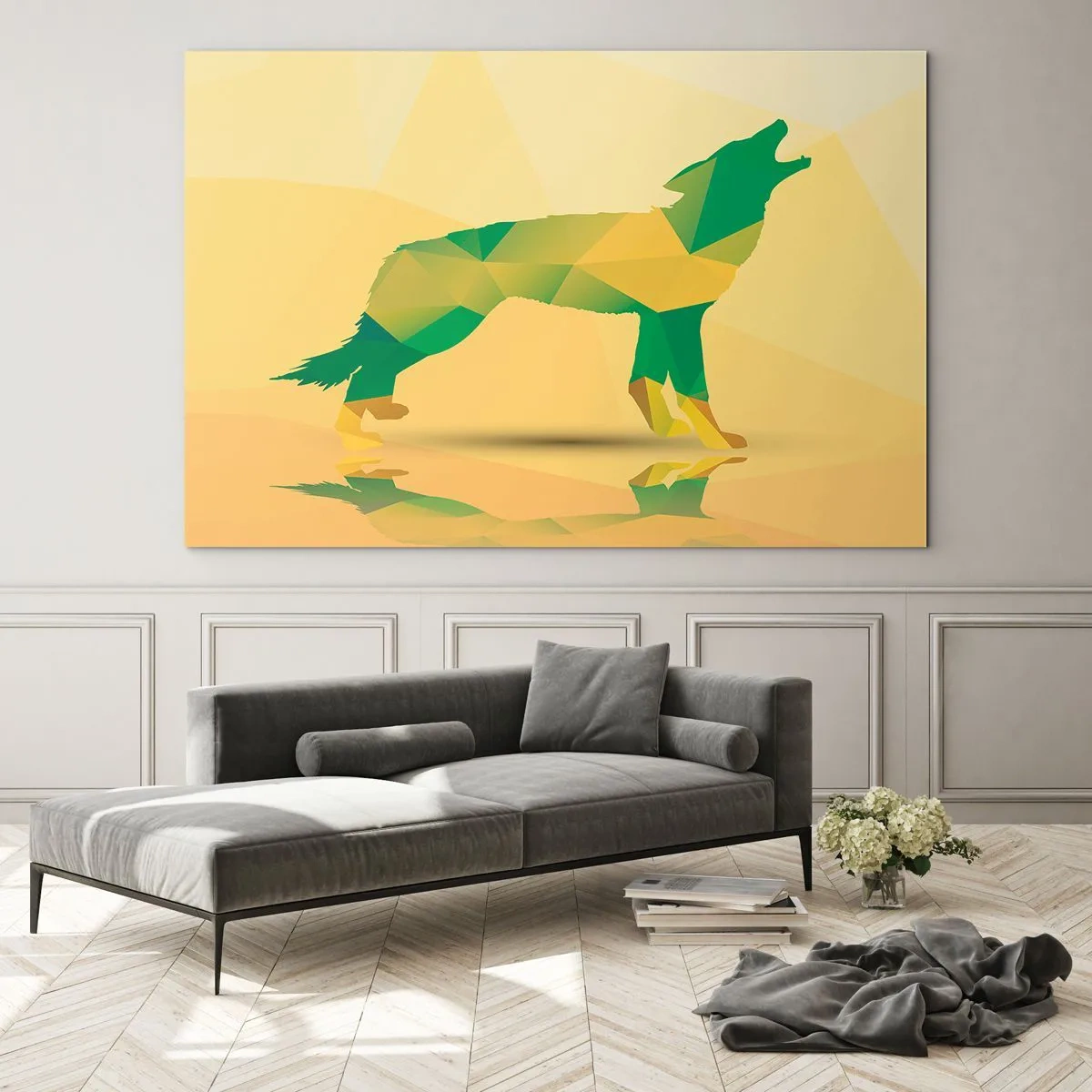 Obraz na szkle - Geometryczny wilk w kolorowej abstrakcji - 70x50cm - Samotny wilk - Nowoczesna dekoracja ścienna do salonu i sypialni ARTTOR