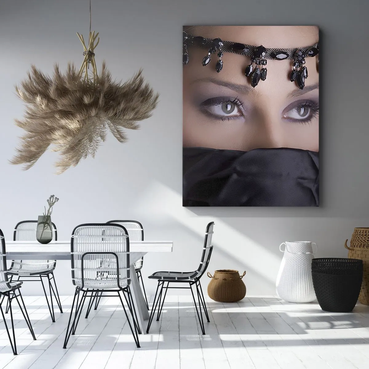 Obraz na płótnie - Oczy kobiety w orientalnej ozdobie - 50x70cm - Orientalna kusząca tajemnica - Nowoczesna dekoracja ścienna do salonu, kuchni i sypialni ARTTOR