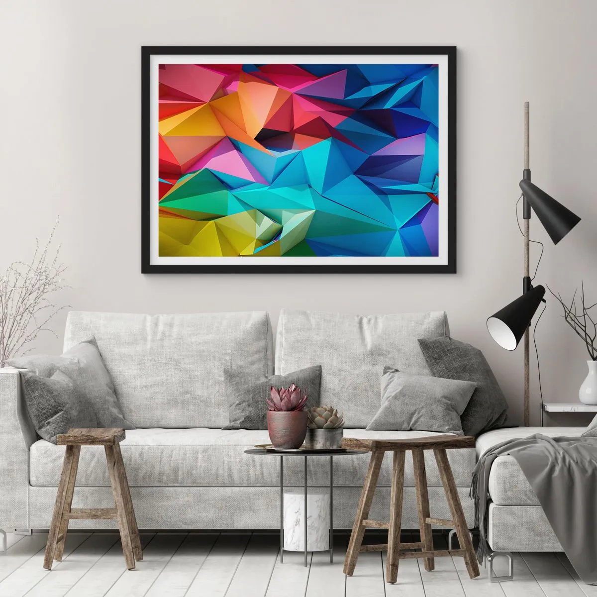 Plakat w czarnej ramie - Tęczowe origami - 91x61 cm