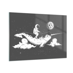 Obraz na szkle - Astronauta lecący na narwalu w kosmicznej scenerii - 70x50cm - Kosmiczny jeździec - Nowoczesna dekoracja ścienna do salonu i sypialni ARTTOR