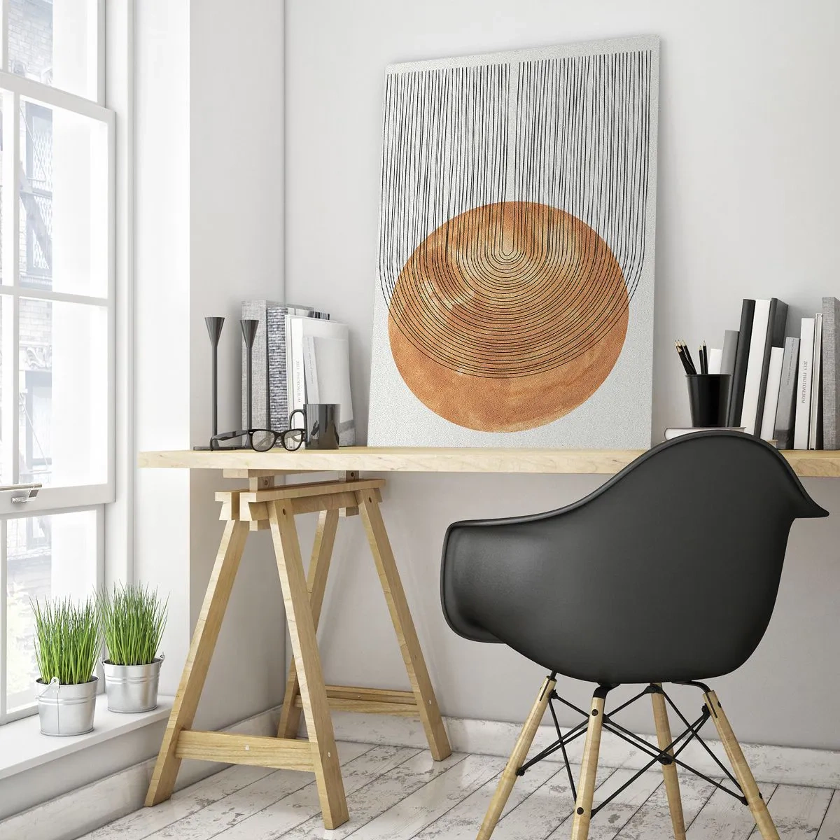 Obraz na szkle - Geometryczna kompozycja z okręgiem i liniami w ciepłych barwach - 80x120cm - Kompozycja słoneczna - Nowoczesna dekoracja ścienna do salonu i sypialni ARTTOR