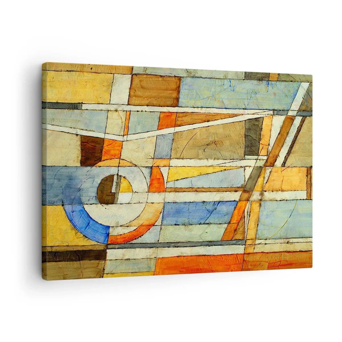 Obraz na płótnie - Geometryczna abstrakcja w odcieniach beżu, błękitu i pomarańczy - 70x50cm - Kubizm na budowie - Nowoczesna dekoracja ścienna do salonu i sypialni ARTTOR