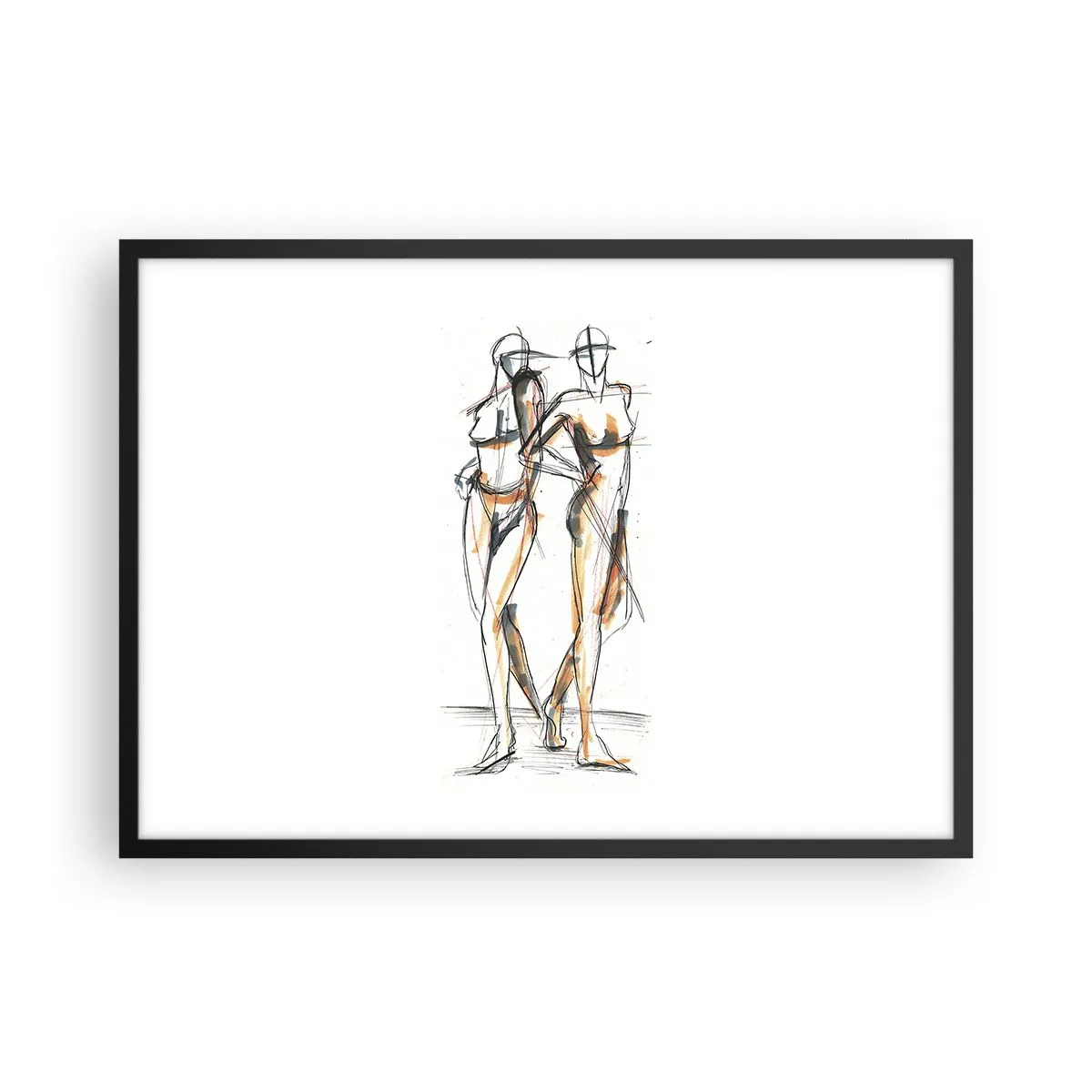 Plakat w czarnej ramie - Artystyczny szkic dwóch sylwetek na białym tle - 70x50cm - Studium wdzięku - Nowoczesna dekoracja ścienna do salonu i sypialni ARTTOR