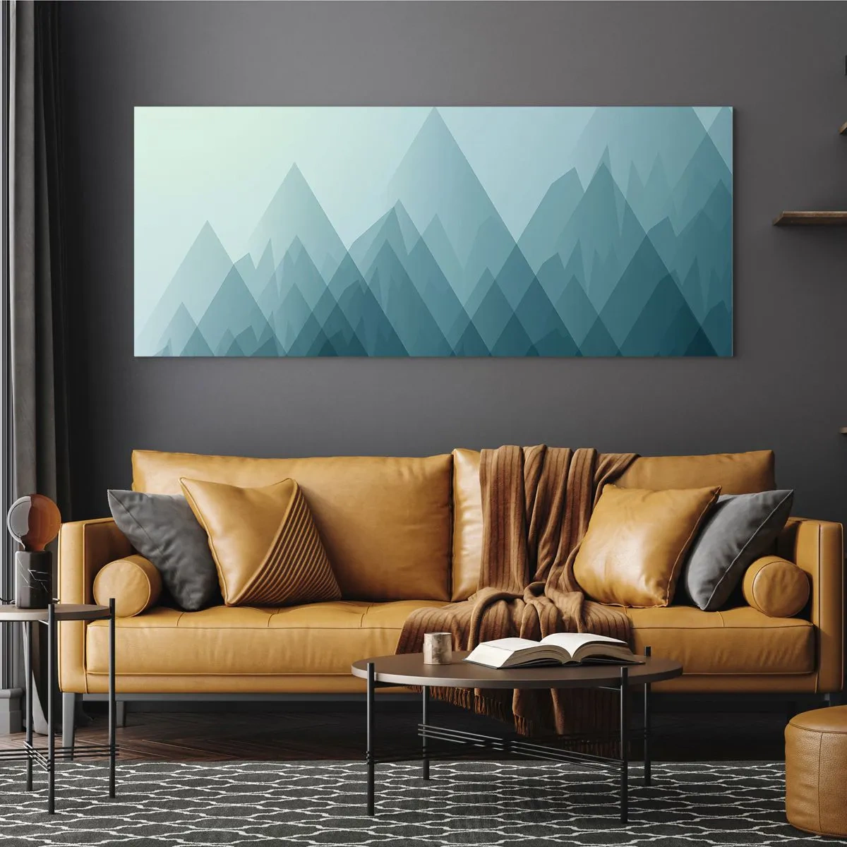 Obraz na szkle - Minimalistyczna grafika gór w odcieniach niebieskiego - 120x50cm - Wielka, większa, największa - Nowoczesna dekoracja ścienna do salonu i sypialni ARTTOR