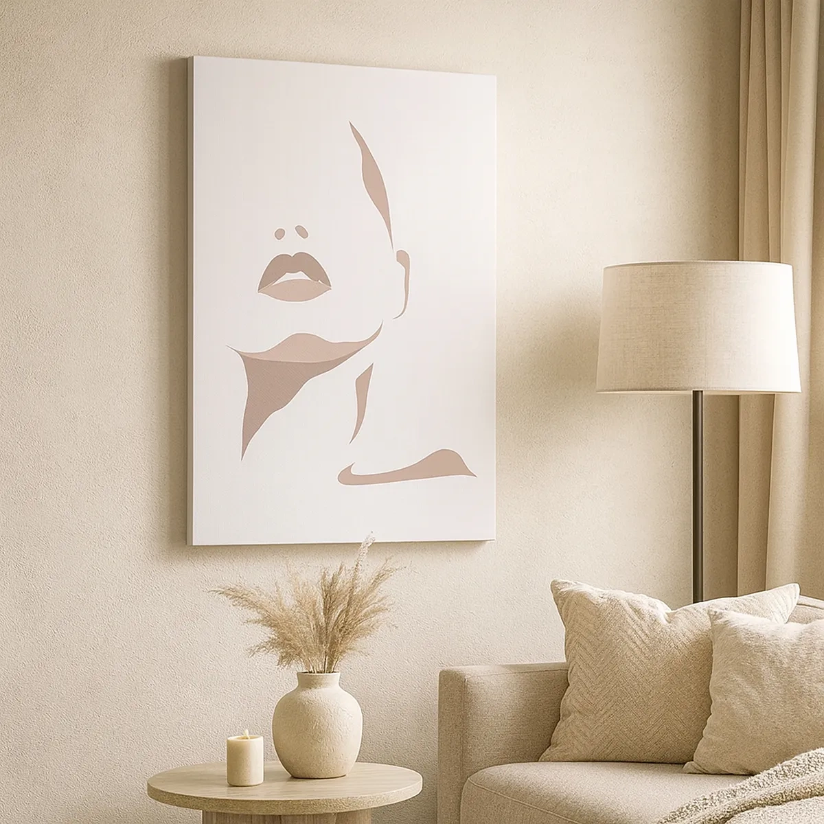Obraz na płótnie - Minimalistyczna sylwetka kobiecej twarzy w beżowych odcieniach - 50x70cm - Stworzona ze światła i cienia - Nowoczesna dekoracja ścienna do salonu, kuchni i sypialni ARTTOR