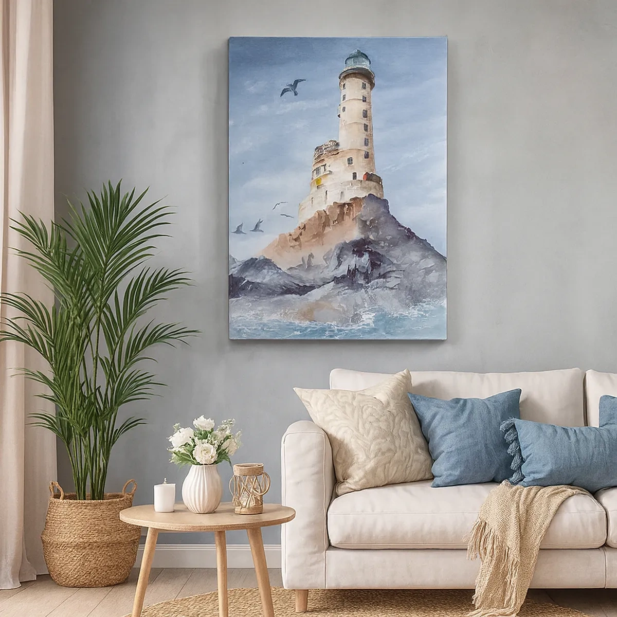 Obraz na płótnie - Akwarelowy obraz latarni morskiej stojącej na skalistym klifie wśród fal oceanu - 50x70cm - Niezwyciężona - Nowoczesna dekoracja ścienna do salonu, kuchni i sypialni ARTTOR