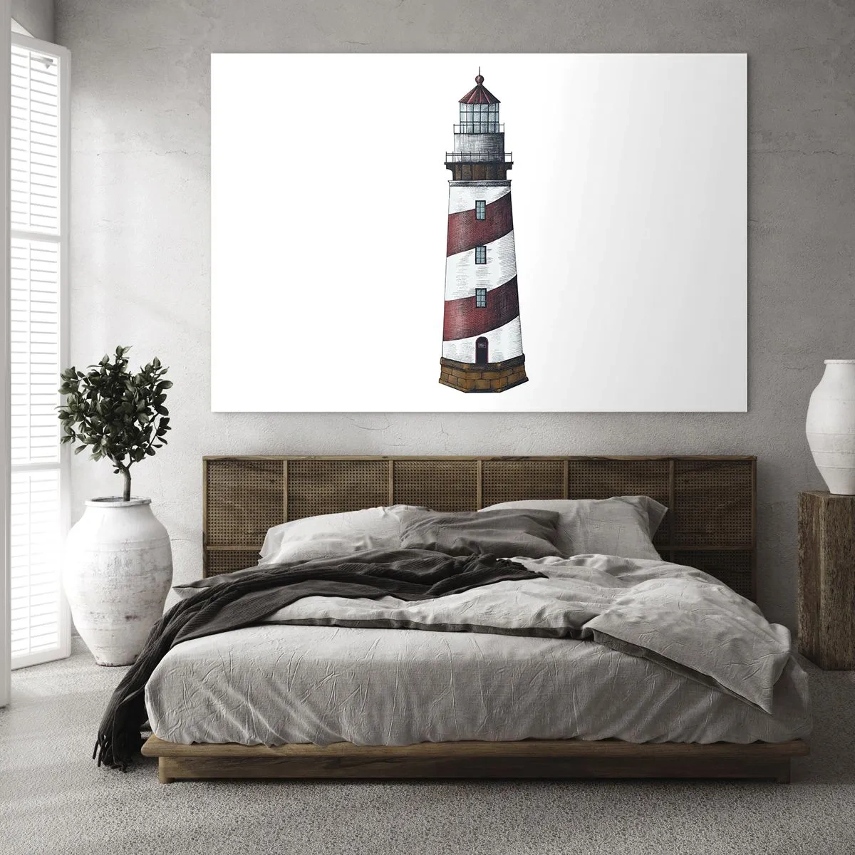 Obraz na szkle - Czerwono-biała latarnia morska na białym tle - 70x50cm - Zawsze na straży - Nowoczesna dekoracja ścienna do salonu i sypialni ARTTOR