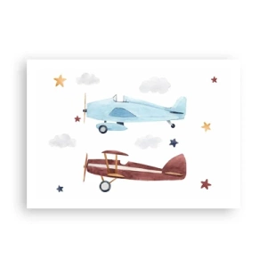 Plakat - Ręcznie malowane samoloty na tle chmur i gwiazd - 100x70cm - Panie pilocie, czekamy! - Nowoczesna dekoracja ścienna do salonu i sypialni ARTTOR