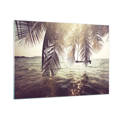 Obraz na szkle - Plaża z palmami i huśtawką nad spokojnym morzem - 100x70cm - Można bujać w obłokach do woli - Nowoczesna dekoracja ścienna do salonu, kuchni i sypialni ARTTOR